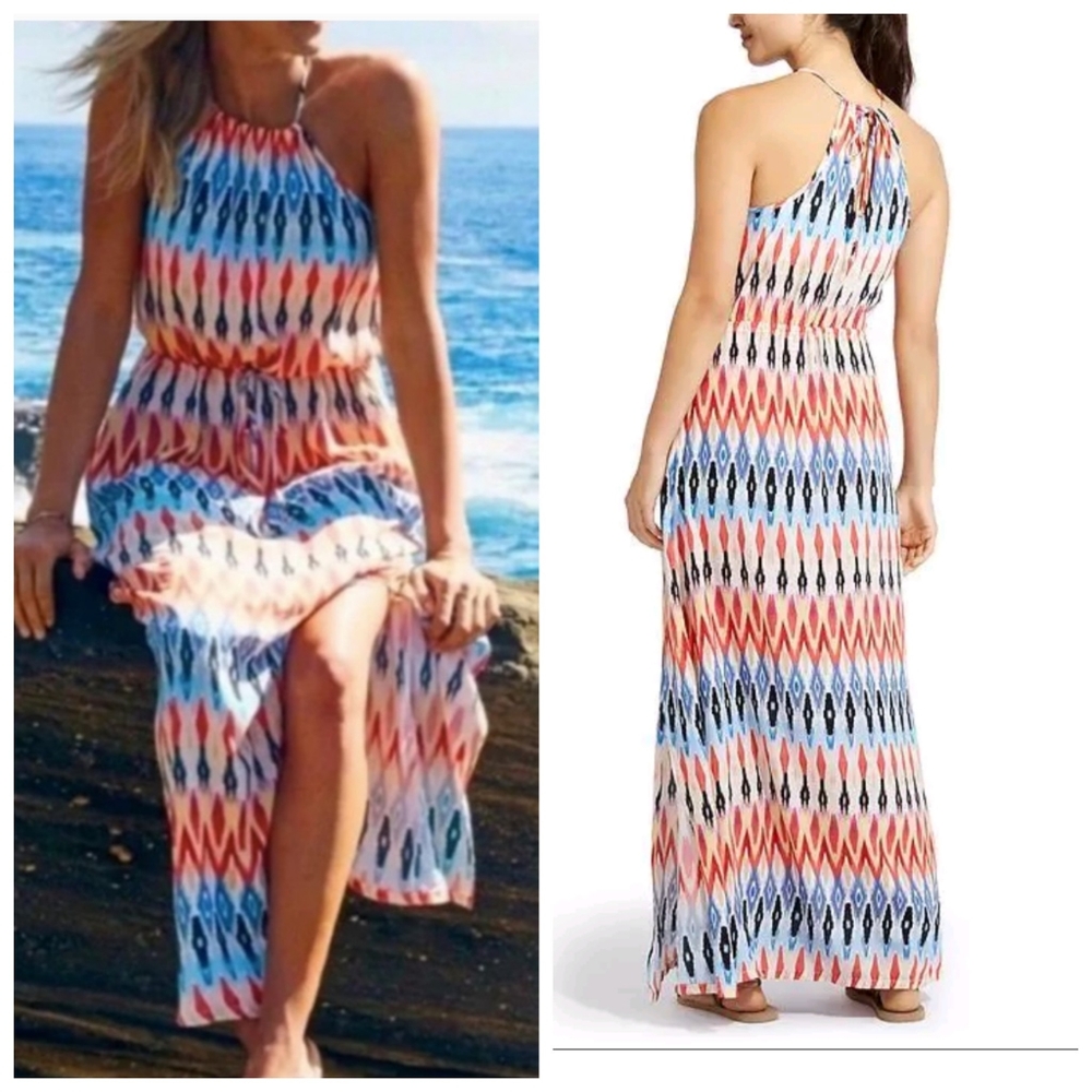 Athleta Sunset Halter Maxi Dress, Multi Color, Sz XS  Resort, Cruise, Beach